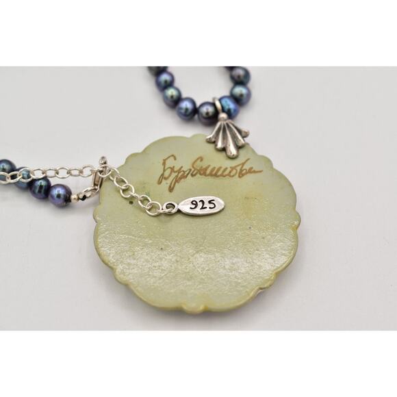 EXEX Necklace Pendant Hand Painted Tahitian Black Pearls 925 Silver Chain BinK - Picture 11 of 12